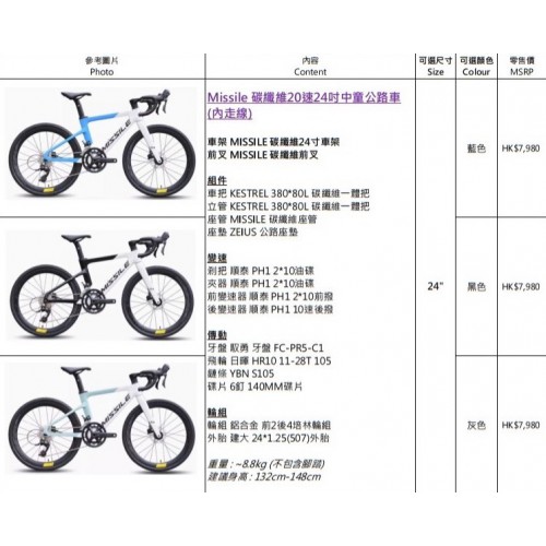 Missile 碳纖維20速24吋中童公路車、車架套裝  